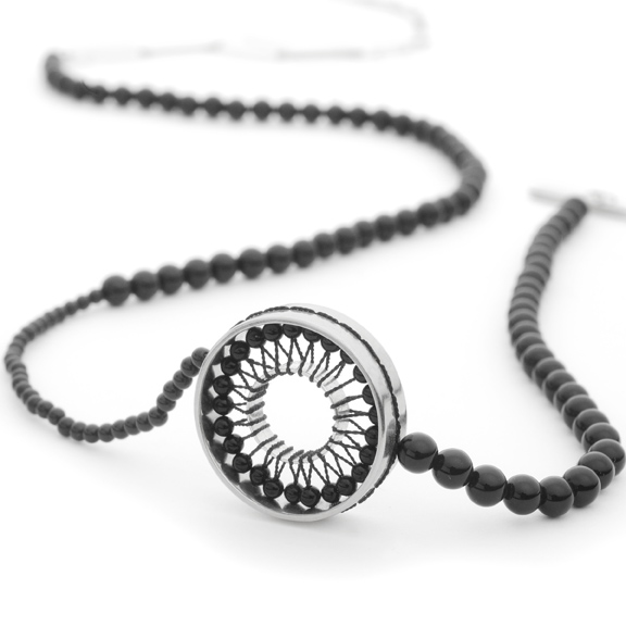 Sterling Silver Double Ring Pendant with Onxy Beads and Silver Link Chain