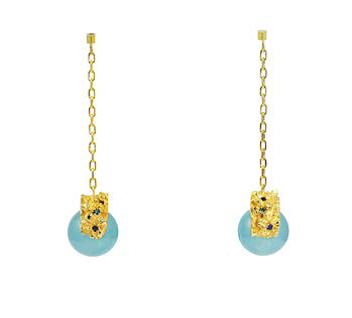 gold plated silver earrings with sapphires, tourmalines and blue jade