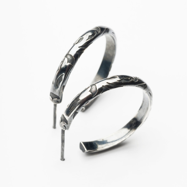 Patterned Hoop Earrings in Black Oxidised Silver