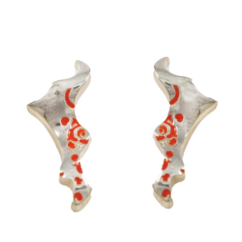Silver and red enamel Fire pendant and earrings set 