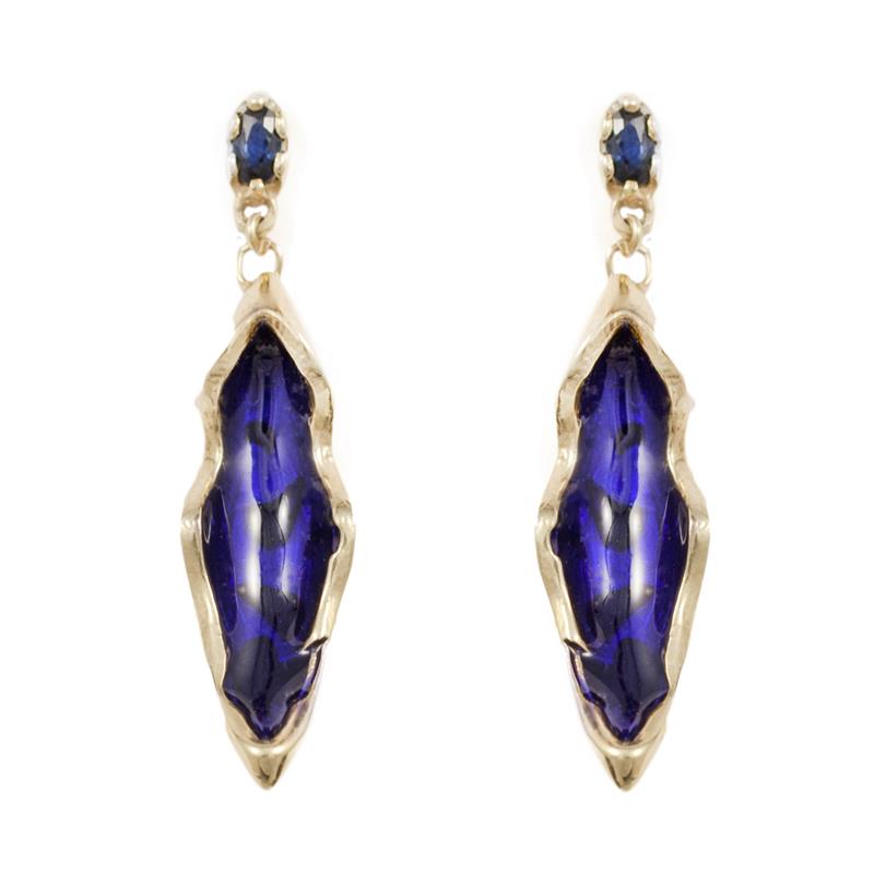 18ct Gold, Blue Enamel and Oval Sapphires Earrings
