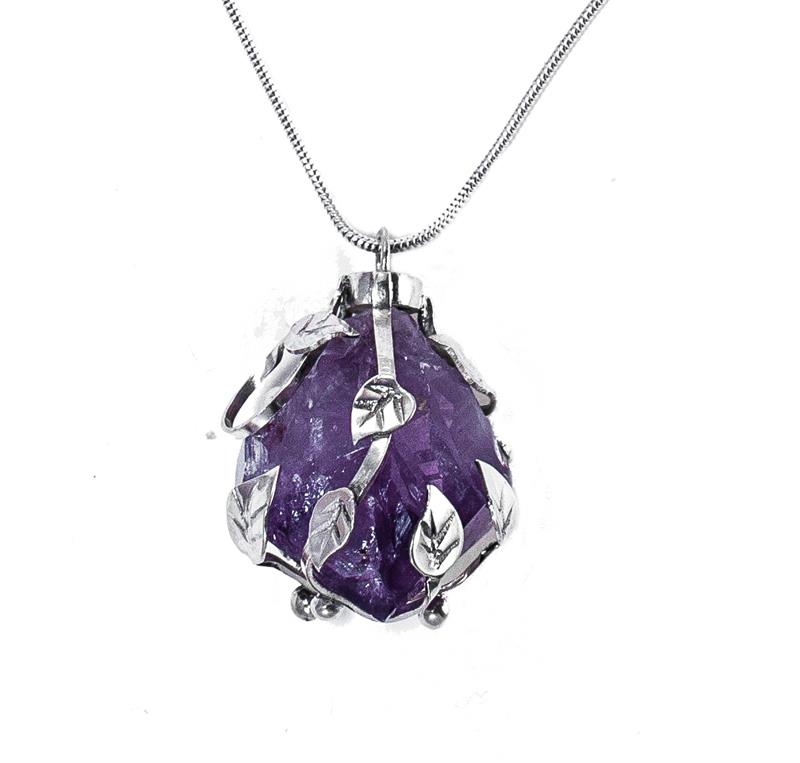 Ivy- Sterling Silver and Amethyst Shard Leaf Pendant